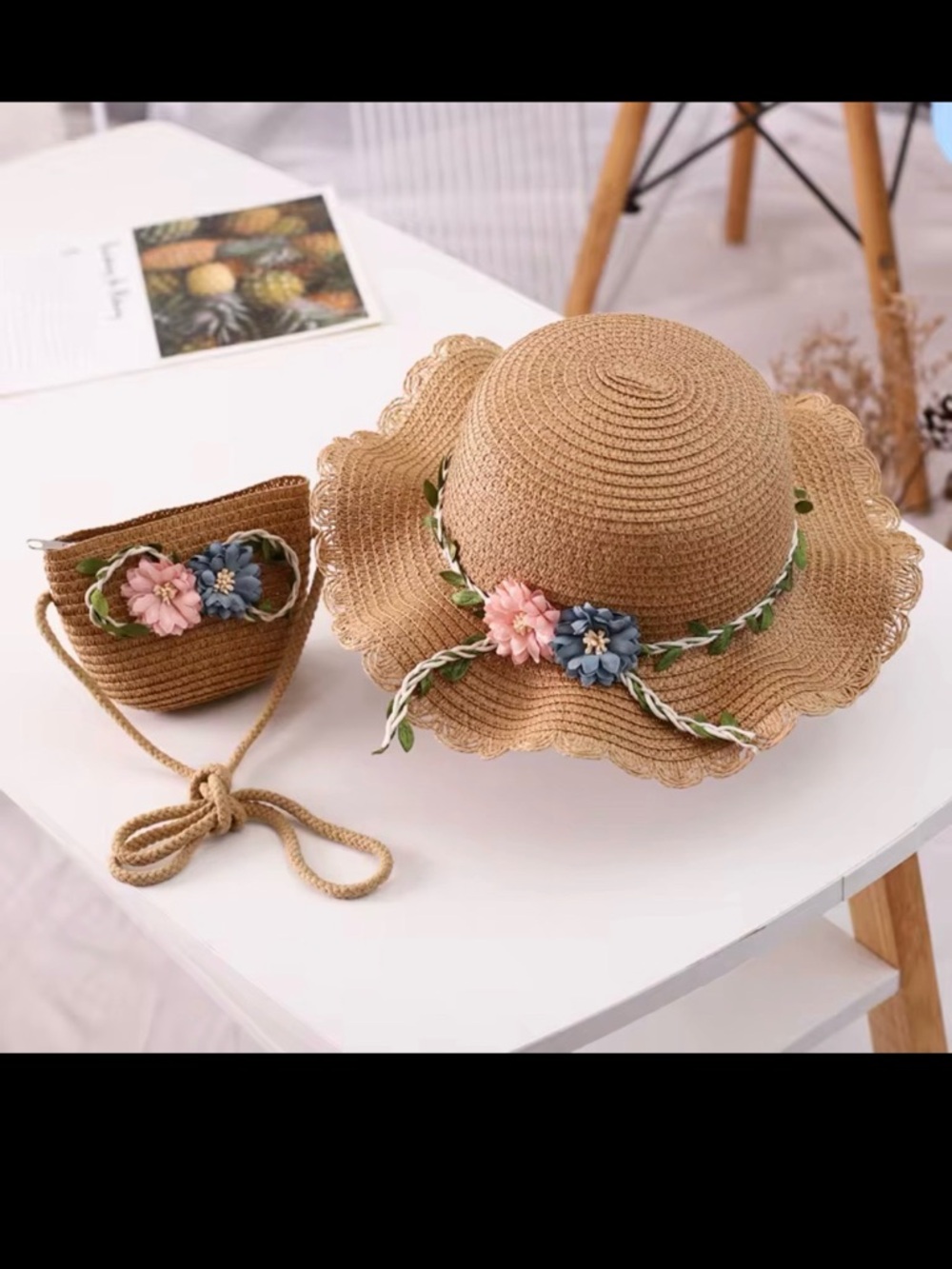 Girls Straw Sun Hat and Matching Crossbody Bag with Pink & Blue Flower Trim